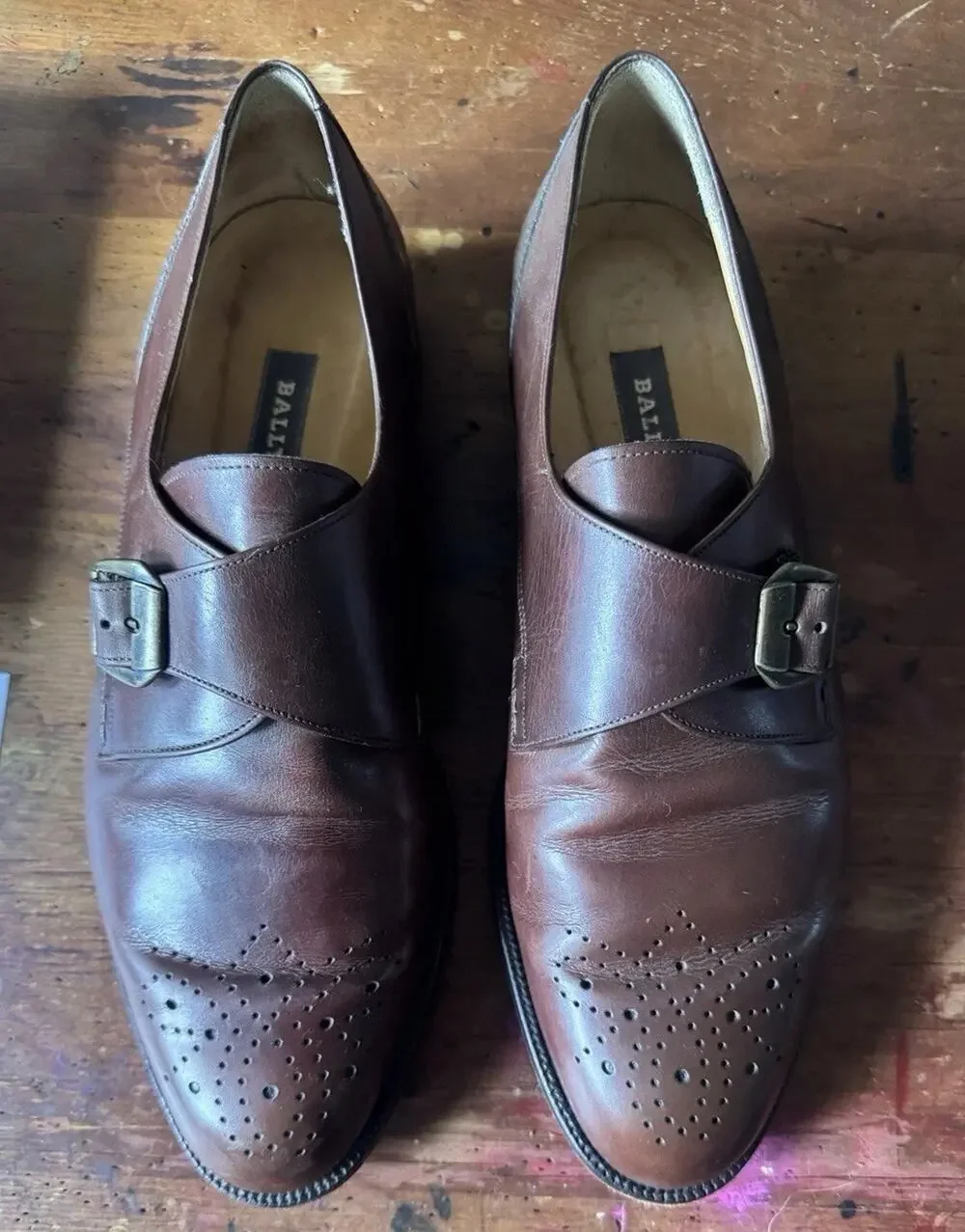 Bally Brown Leather Monkstrap Shoes Men's Size 11D